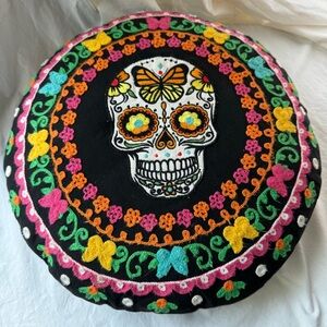 Embroidered Sugar Skull Round Pillow – 16.5” – Day of the Dead Altar Decor – $20
